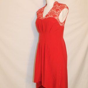 CHARLOTTE & CHELSEA RED LACEY PARTY DRESS MEDIUM SLEEVELESS ASYMETRICAL  FLARE